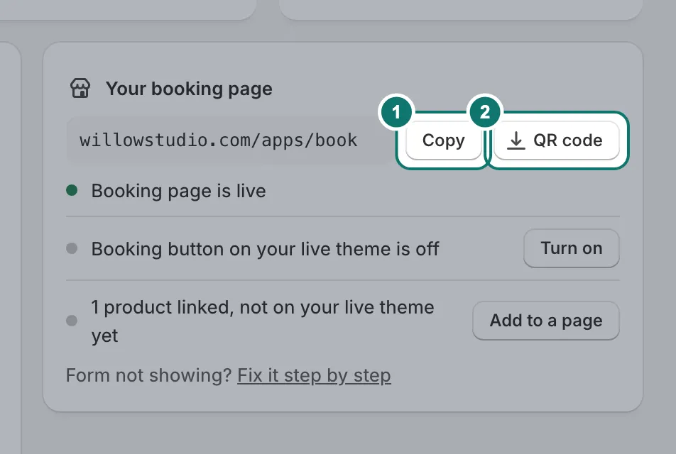 The Your booking page section on Home, with the page address, Copy and QR code.