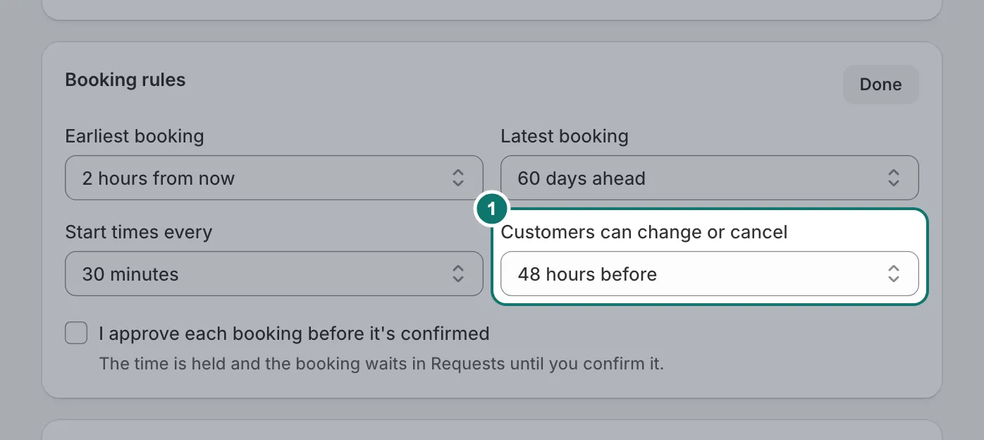The Booking rules section of a service, with Customers can change or cancel set to 48 hours before.