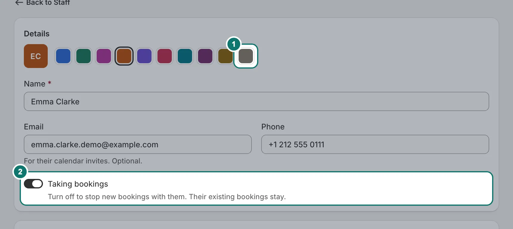 A staff member's details: their colour, name, email, phone and the Taking bookings switch.