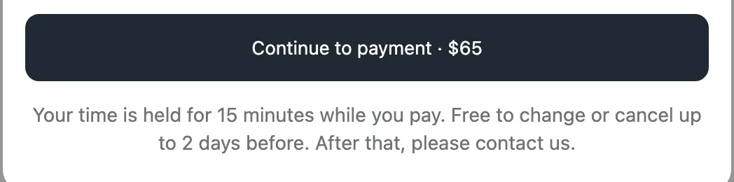 Continue to payment, $65, with "Your time is held for 15 minutes while you pay" under it.