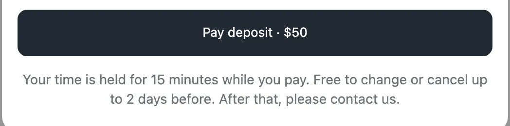 Pay deposit, $50, with "Your time is held for 15 minutes while you pay" under it.