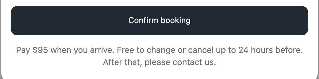 Confirm booking, with "Pay $95 when you arrive" under it.
