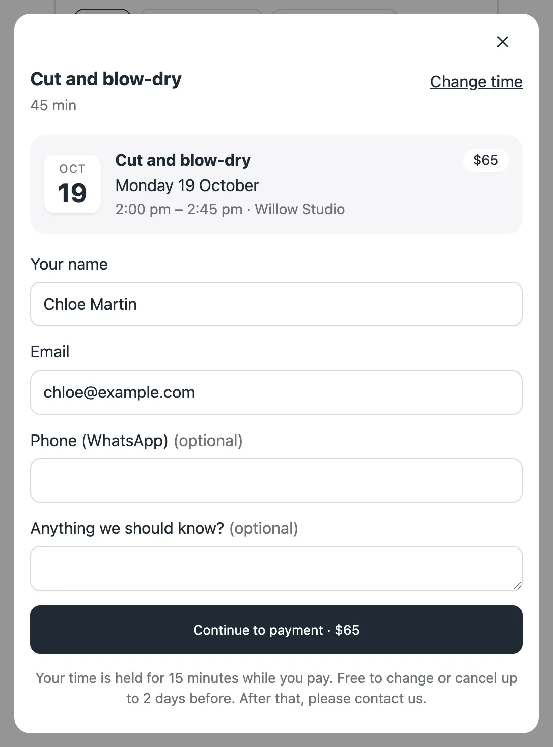 The booking form at its last step: the date and time, the customer's name and email, and a Continue to payment button.