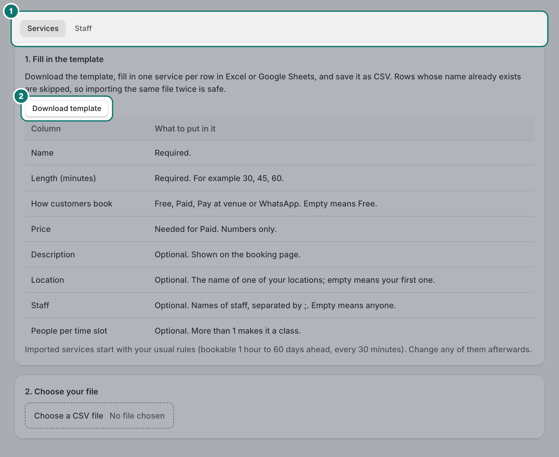 Import services: Services or Staff, a Download template button, what to put in each column, and Choose your file.