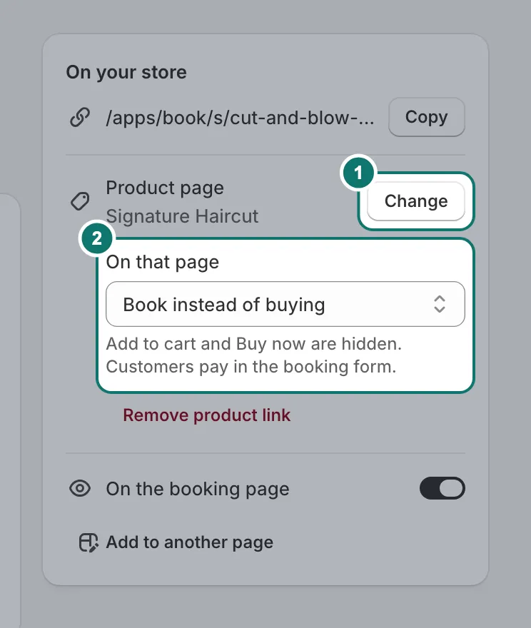 The On your store box on a service: the linked product, with Change, and the On that page setting.