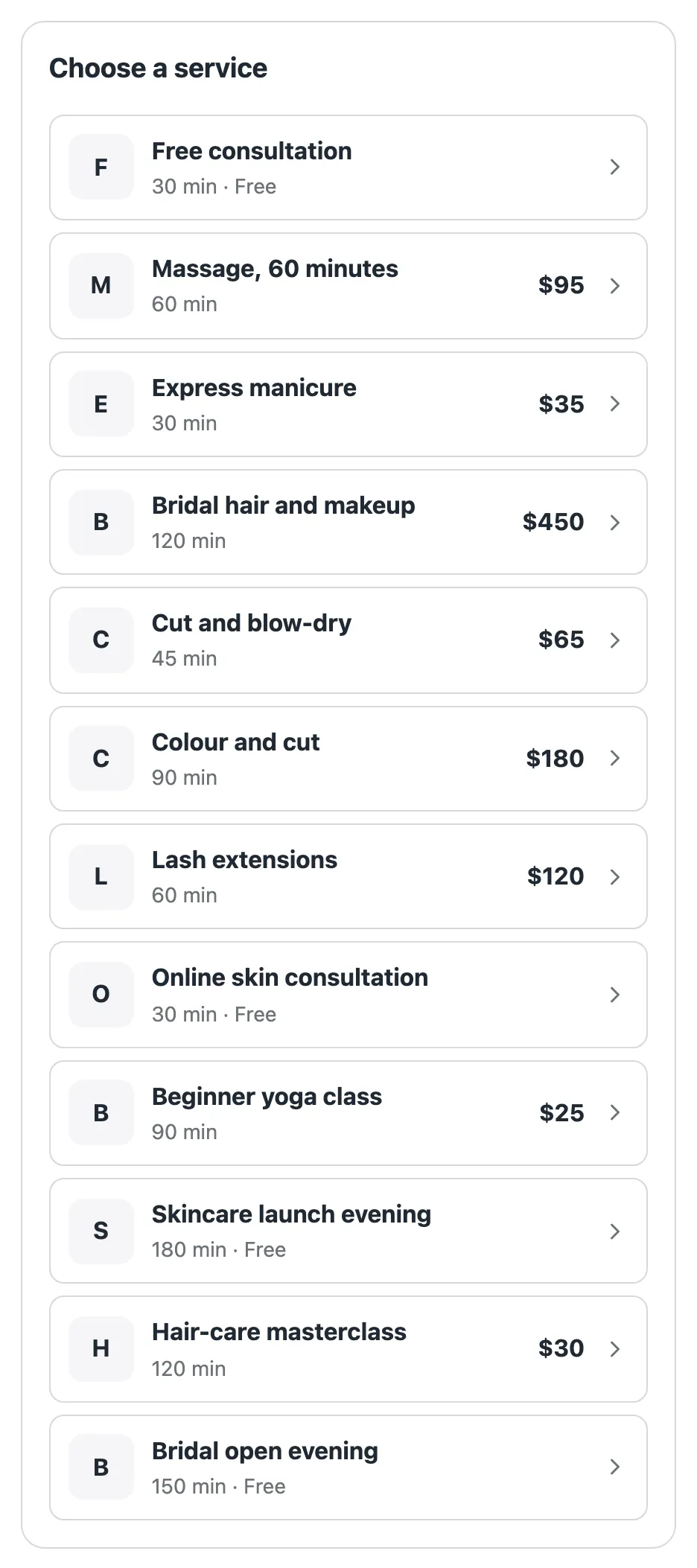 The booking page: a list of services with their length and price.