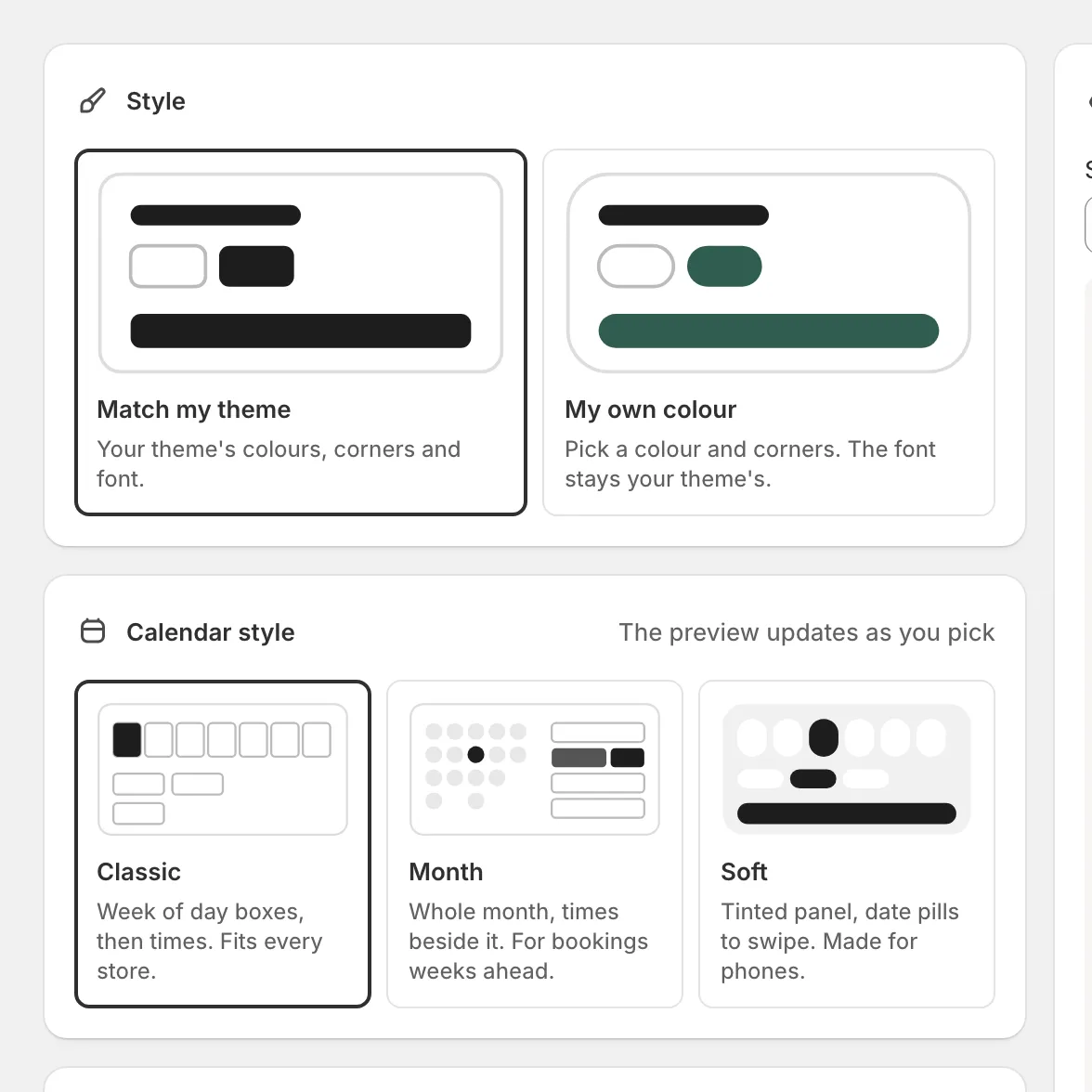 The Style and Calendar style sections of the Appearance page.