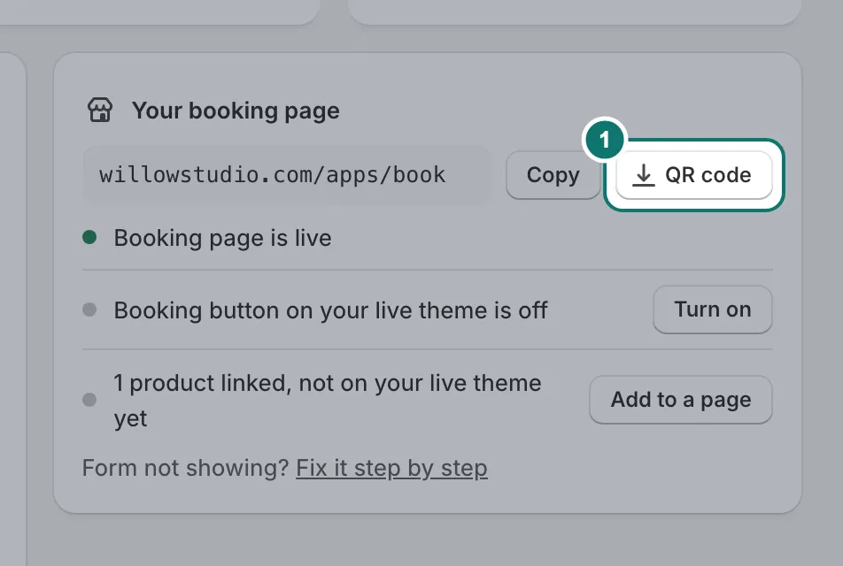 The Your booking page section on Home, with the QR code button.