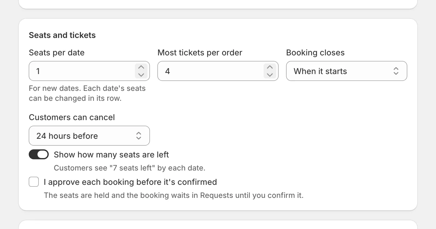 The Seats and tickets section: seats per date, most tickets per order, when booking closes, cancelling and showing seats left.