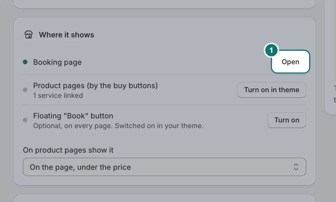 The Where it shows section: Booking page with Open, Product pages and the floating Book button.